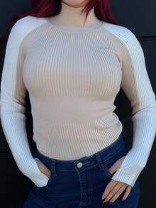 Bearsaez Autumn Winter Casual Colorblock Stand Collar Minimalist Knit Sweater,Long Sleeve Tops Knit Pullover Fall Outfit - Khaki - View 6