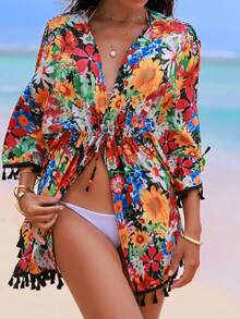 Swim Vcay 女士深V领印花休闲度假沙滩罩衫和服 - 彩色 - 查看 6
