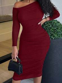 Alexandranx 女士秋季网眼荷叶边优雅约会晚礼服，修身长袖中长款 - 酒紅色 - 查看 3