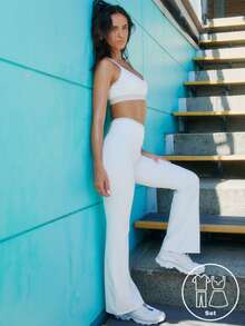Aralina Leisurewear Active Women's 2pcs Contrast Colour Crop Top And Flare Pant Gym Workout Two Pieces Set - White - View 1