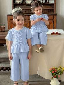 LMoss Kids 2pcs Baby Girl Woven Striped Petal Sleeve Casual Shirt And Loose Fit Pants Set - Blue - View 5