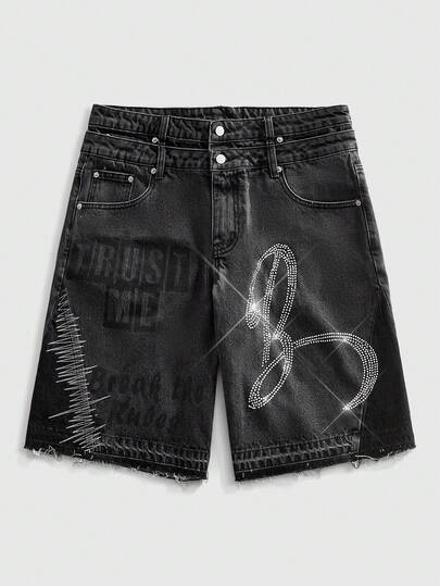 ROMWE MEN Street Life Men's Rhinestone Decor Slant Pocket Casual Denim Shorts