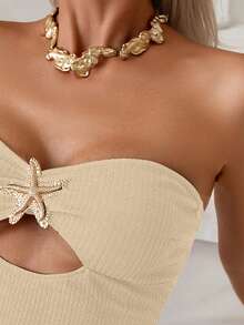 Swim Vcay Women's Elegant Apricot Textured Strapless One-Piece Swimsuit With Starfish Detail & Cutout,Cute Summer Beach Holiday Bathing Suits Beachwear Outfit - Apricot - View 5