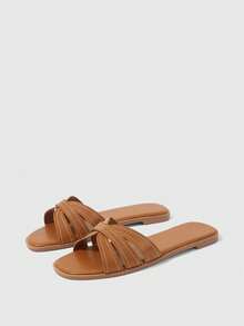 Sleekvia Women Shoes Summer New Cross Strap Square Toe Classic Flat Slippers Casual Beach Wear - Camel - View 10