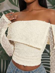 SHEIN SXY Áo kiểu nữ cỡ lớn, thanh lịch, màu mơ, chất liệu vải lưới, đính sequin, trễ vai, tay dài, ôm sát, thời trang, sang trọng, gợi cảm, thích hợp cho kỳ nghỉ, ngày Valentine, đám cưới, cổ điển, tiệc tùng, dạ hội, đi chơi, xuân hè, thanh lịch, lễ hội, phong cách boho, thường ngày, lễ hội, đường phố. - Nhiều màu - Xem 7