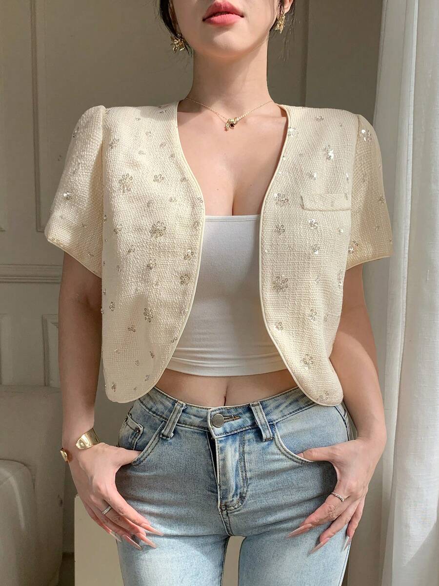 DAZY Women's Elegant Sequin V-Neck Faux Pocket Petal Sleeve Blazer Jacket, Summer - Beige - View 1
