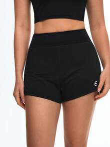 SHEIN Sports Eassivo 女士轻便宽腰带运动短裤 - 瑜伽户外训练跑步 - 黑色 - 查看 3