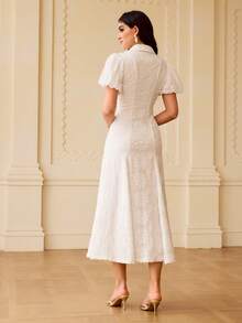 ZEYLAH Đầm midi nữ mới với họa tiết thêu hoa, cổ áo, tay bồng, eo ôm, kiểu dáng thanh lịch lấy cảm hứng từ thiên nhiên. - trắng - Xem 4