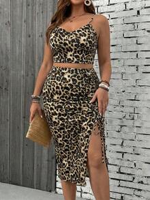 SHEIN VCAY Setelan 2 Potong Atasan Camisole dan Rok Belahan Motif Leopard Ukuran Besar, Pakaian Musim Panas - Aprikot - View 5