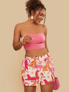 Travachic 大码波西米亚风休闲沙滩短裤，系带装饰，荷叶边设计，女士加大码服装，短裤，女士夏季服装，沙滩短裤，印花短裤，女士夏季短裤，动物纹短裤，猎豹纹短裤 - 杏色 - 查看 4