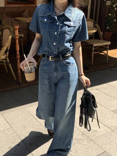 DAZY Bộ đồ denim tay ngắn tối giản màu trơn dành cho nữ