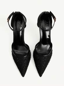 CUCCOO CHICEST 女士尖头网眼黑色踝靴，镶钻装饰，性感时尚细高跟凉鞋 - 黑色 - 查看 2