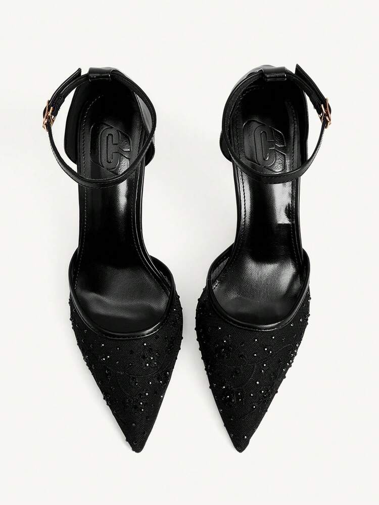 CUCCOO CHICEST Women's Shoes Pointed Mesh Black Ankle With Rhinestone Decoration Sexy Style Wear Fashion Stiletto High Heel Sandals Wedding Shoes Summer Shoes Bride Shoes