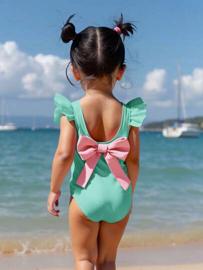 SHEIN Baby Girl Butterfly Decor Romper Swimsuit, Suitable For Beach Vacation, Pool Party, Beach Party