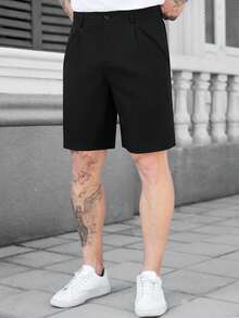 Manfinity CasualCool 男士休闲短裤新品上市，黑色面料舒适，ins风，复古韵味，实用口袋，简约百搭，适合日常穿着、夏季穿搭、休闲外出和约会，休闲短裤，送男友或老公的必备单品，Y2K风格 - 黑色 - 查看 3