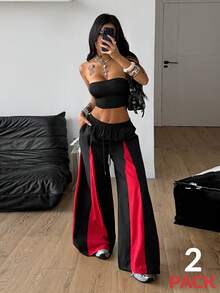 Coolane 女士春季音乐会服装 锐舞服装 复古街头风 Y2K 撞色抹胸上衣和阔腿运动裤两件套 - 黑色 - 查看 1