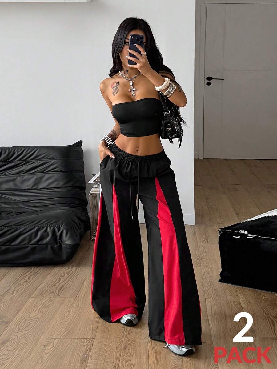 Coolane 女士春季音乐会服装 锐舞服装 复古街头风 Y2K 撞色抹胸上衣和阔腿运动裤两件套 - 黑色 - 查看 1