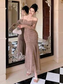 DAZY 优雅纯色露肩褶皱中长连衣裙，适合春夏穿着 - 杏色 - 查看 9