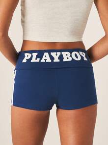 Missguided x Playboy 翻折腰带高腰海军蓝短裤，饰有53号标志，适合休闲穿着 - 藍色 - 查看 4