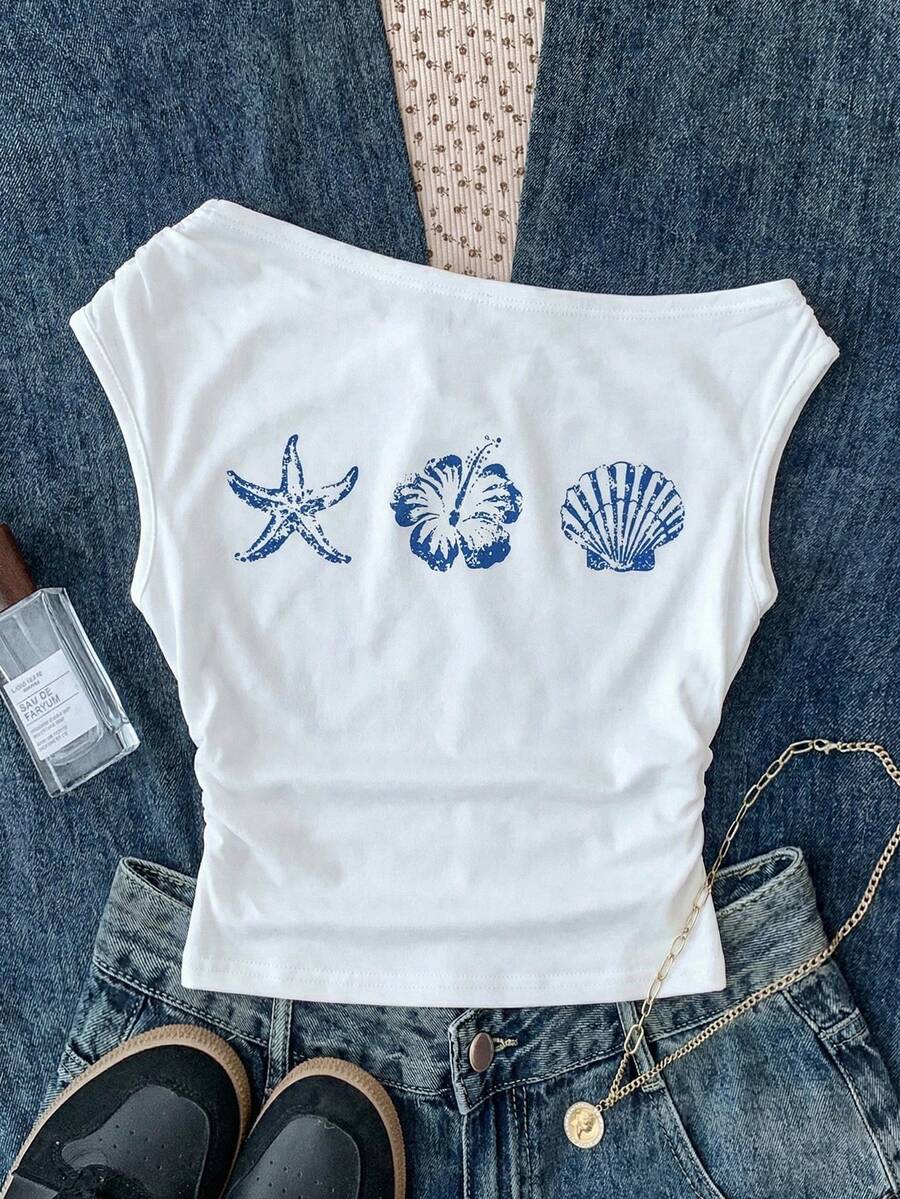 SHEIN 少女白色针织休闲简约波点印花不对称褶皱短款上衣，适合春夏穿着，休闲百搭，可打造个性造型，日常穿着 - 彩色 - 查看 1