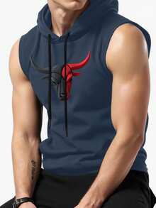 Manfinity EMRG 男士公牛印花抽绳连帽运动背心 - 淺灰色 - 查看 3