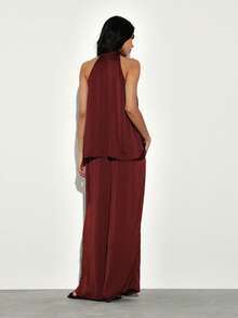 KSTM Women's Fluid Satin Wide Leg Palazzo Pants Elegant Evening Luxe For Special Occasions - Burgundy - View 2