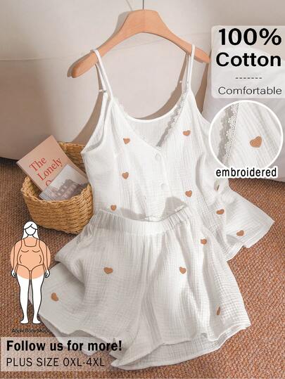 CosyJoli Conjunto de 2 piezas de camiseta de tirantes y pantalones cortos con bordado de corazón para tallas grandes de verano