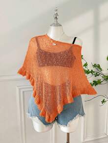 SHEIN EZwear 加大码夏季斗篷上衣，休闲钩编不对称领口荷叶边下摆半透明约会装，橙色 - 亮橙色 - 查看 3