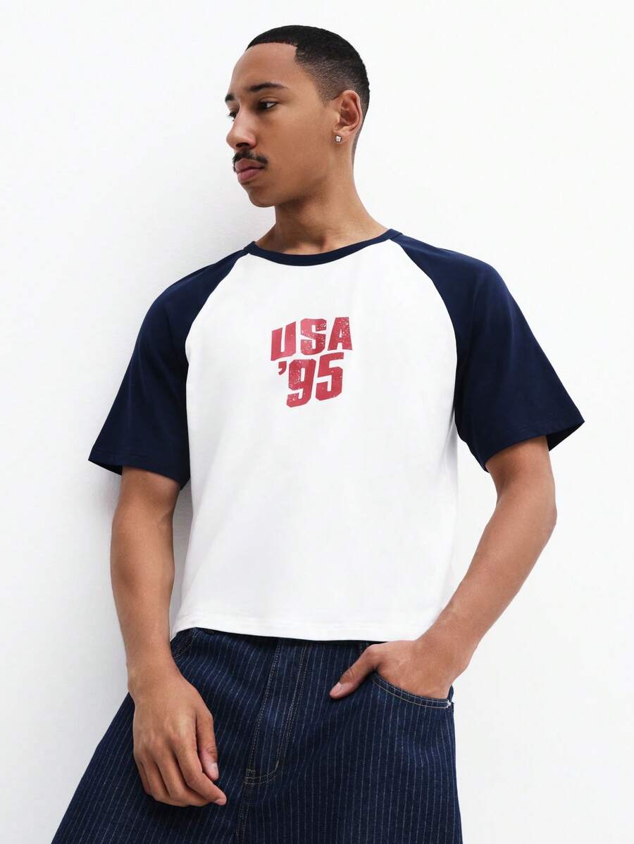 SUMWON Men Raglan Sleeve Slim Fit Baseball T Shirt With Chest Print USA 95 Varsity Casual Short Sleeve Crew Neck - Blue - View 1