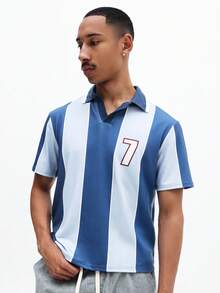 SUMWON Men Short Sleeve Slim Fit Vertical Striped Polo Shirt With Number 7 Print Chest Casual Button Down Collar Top Summer Spring Fashion - Multicolor - View 5