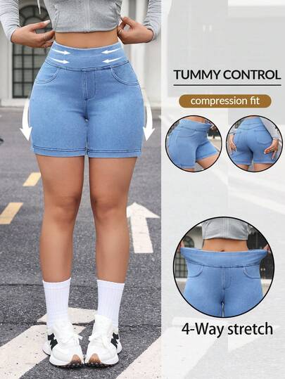 Flexra Shorts vaqueros elásticos de cintura con bolsillos, casuales y versátiles para mujer