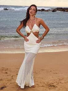 Opulessa Women's Hollow-Out Knit Dress, Suitable For Spring/Summer Vacation - Apricot - View 4