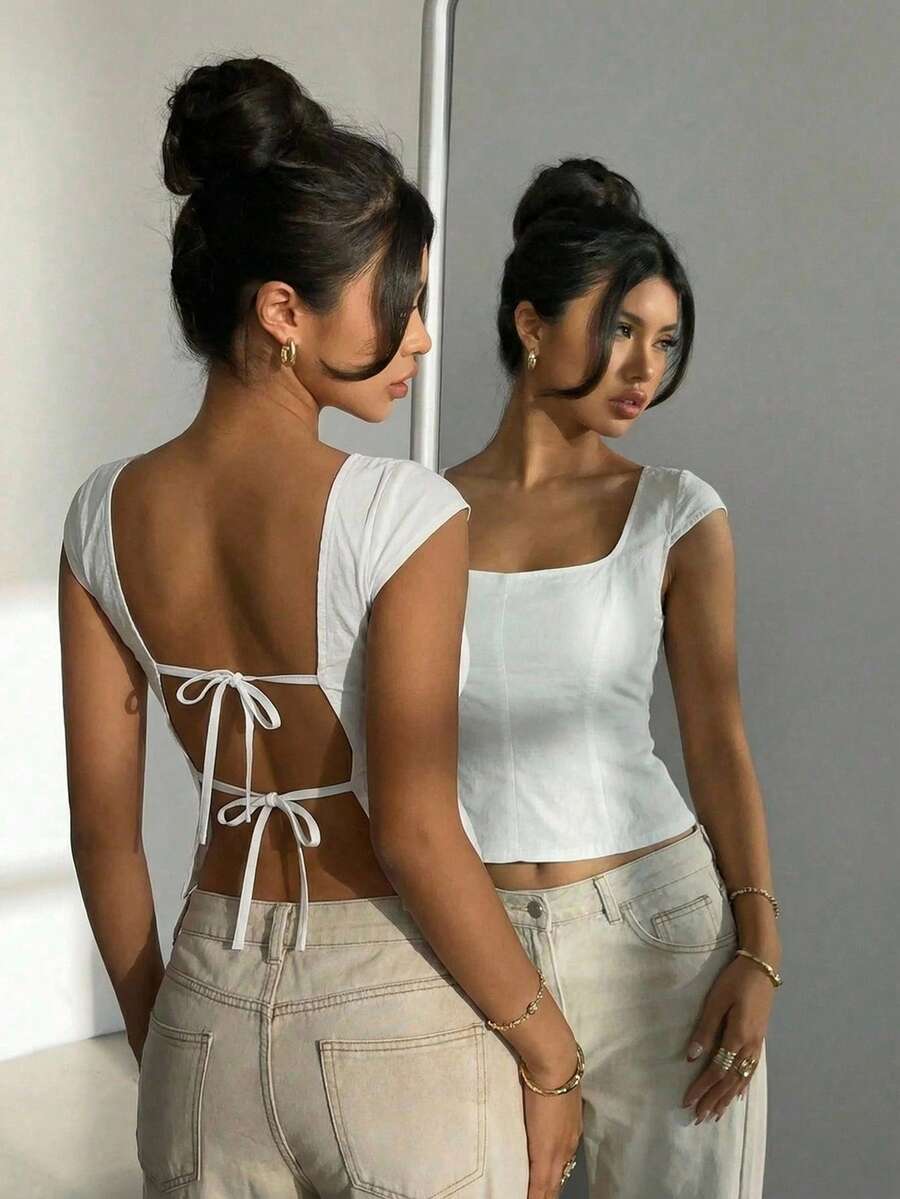 Aloruh Minimalist Daily Casual Square Neck Fitted Adjustable Tie-Back Cropped Shirt For Women White Elegant Top White Top Women Square Neck Tops - White - View 1