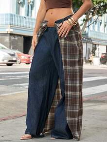 Denimoi Plaid Overlay Straight Leg Denim Jeans Fashionable Streetwear Statement Jeans - Dark Wash - View 1