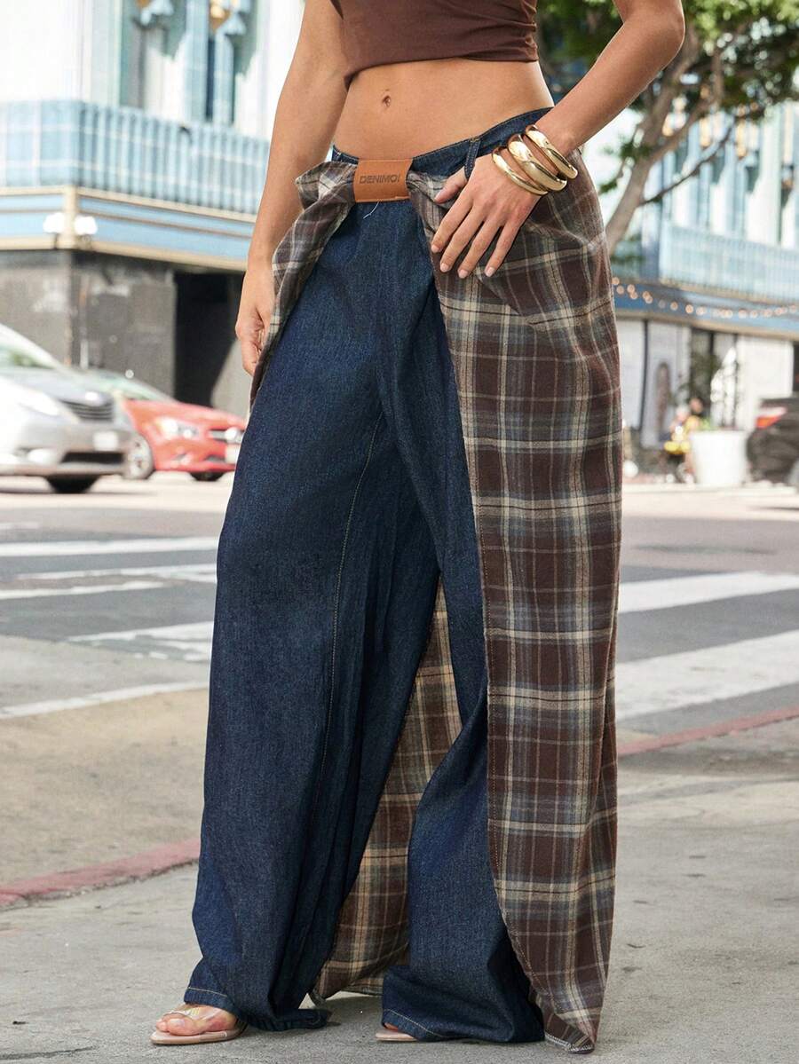 Denimoi Plaid Overlay Straight Leg Denim Jeans Fashionable Streetwear Statement Jeans - Dark Wash - View 1