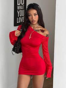 Coolane Women's Spring New Year Eve Date Night Rib Knit Ruched Asymmetrical Neck Slim Fit Skirts - Red - View 3