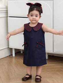 DAZY Đầm không tay cổ Peter Pan kiểu Hàn Quốc cho bé gái sơ sinh/trẻ nhỏ - Xanh đậm - Xem 8