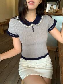 DAZY 女士荷叶边高领针织上衣 - 淺藍色 - 查看 4