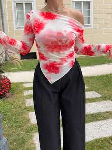 Jeta Ari Women Asymmetrical Hem One Shoulder Spring/Summer T-Shirt - Hot Pink - View 3