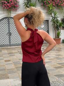 Jeta Ari 杏色垂坠领口系带简约优雅女式衬衫 - 酒紅色 - 查看 2