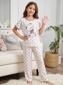 Genkimix Kids Conjunto de Pijama Casual e Confortável com 2 Peças, Top de Manga Curta com Estampa de Bolinhas e Coelho Fofo, e Calça Solta - Multicolorido - Visão 4