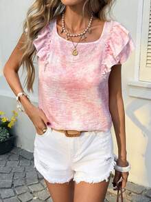 SHEIN LUNE Áo sơ mi nữ tay ngắn nhuộm màu loang kiểu dáng thường ngày, có nơ sau lưng, thích hợp cho mùa hè, kỳ nghỉ, đi làm và mặc hàng ngày. Áo hè màu hồng cho nữ, trang phục hè cho nữ, áo tay bèo, áo nữ mùa hè màu hồng đậm, áo thường ngày màu hồng. - Hồng - Xem 7