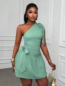 Xyvia Đầm chữ A nữ màu xanh lá cây, chất liệu vải jacquard nhăn, có nơ ở vai và xếp ly ở eo, kiểu dáng thời trang mới, thanh lịch và gợi cảm cho mùa xuân/hè. - màu xanh lá - Xem 6