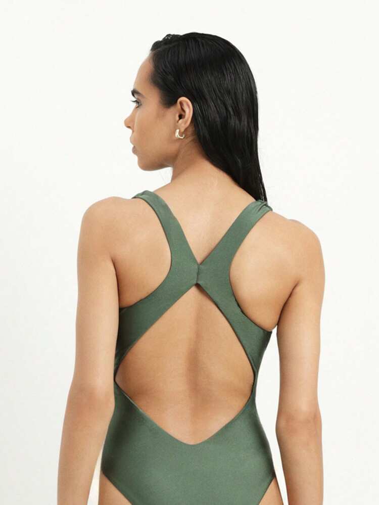 KSTM Women's Plunge V-Neck Cross-Back One-Piece Swimsuit With Ruched Wrap Front Detail And Cut-Out Accent For Summer Beach