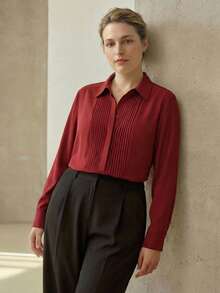 MOTF PREMIUM 加大码女式褶裥衬衫，春季款 - 酒紅色 - 查看 2