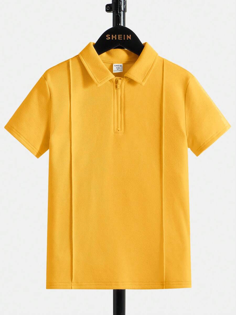 SHEIN Tween Boy Solid Color Casual Versatile Daily Wear Short Sleeve Polo Shirt,Kids - Yellow - View 1