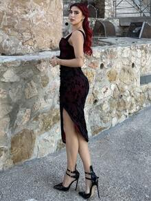 Bearsaez Women's Elegant Floral Flocked Mesh Slit Dress,Black Homecoming Dress,Witch Dress,Vampire Dress,Elegant Women Dresses,Day Of The Dead Outfit,Goth - Red and Black - View 5