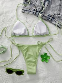 Swim Vcay Bộ đồ đi biển mùa xuân/hè 26SS dành cho nữ, bộ bikini 2 mảnh, thích hợp cho kỳ nghỉ biển. Thiết kế phối màu gợi cảm, sang trọng, lãng mạn, dễ thương, họa tiết thêu hoa ly tinh tế, nơ thắt cổ, bộ bikini tam giác có đệm mút rời. - Màu xanh chanh - Xem 2