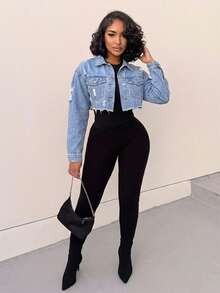 Alexandranx 休闲破洞牛仔夹克 - 藍色 - 查看 5