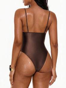 Oceva Maillot de bain une pièce sexy et à la mode pour femmes, dos nu, bretelles fines, décolleté plongeant, couleur unie, pour la plage, les loisirs, les vacances, le bord de mer, le spa. Maillot de bain pour femmes - Tabac - Voir 2